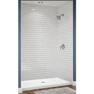 Avora Bath Center Drain 12x6 Tile White Acrylic Alcove Shower System with Silver Grout Lines 60 W x 36-in D