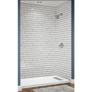 Avora Bath Right Trench Drain 12x6 Tile White Acrylic Alcove Shower System with Black Grout Lines 60 W x 34-in D