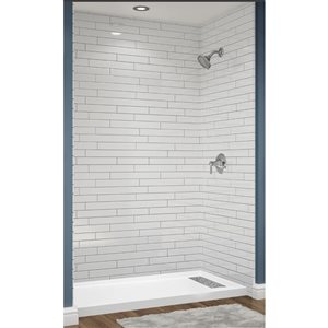 Douche en alcôve Avora Bath carrelage 12x6 acrylique blanc à coulis argent et caniveau à droite 60 l. x 36 po p.