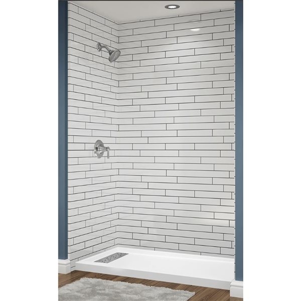 Avora Bath Left Trench Drain 12x6 Tile White Acrylic Alcove Shower System with Black Grout Lines 60 W x 36-in D