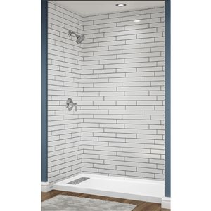 Avora Bath Left Trench Drain 12x6 Tile White Acrylic Alcove Shower System with Black Grout Lines 60 W x 36-in D