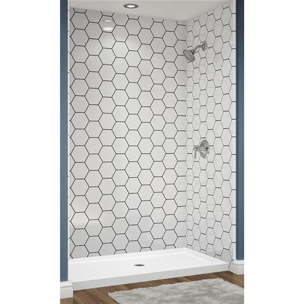 Douche en alcôve Avora Bath carrelage hexagone acrylique blanc à coulis noir et drain centré 60 l. x 34 po p.