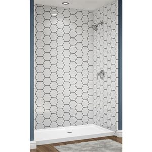 Douche en alcôve Avora Bath carrelage hexagone acrylique blanc à coulis noir et drain centré 60 l. x 34 po p.