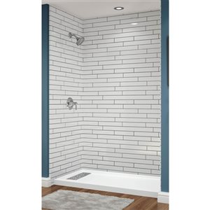 Avora Bath Left Trench Drain 3x6 Tile White Acrylic Alcove Shower System with Black Grout Lines 60 W x 36-in D