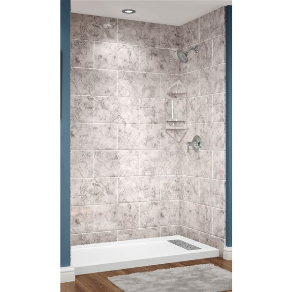 Douche en alcôve acrylique Avora Bath carrelage 11x20 fini calcaire à drain européen centré 60 l. x 34 p. x 96 po h.