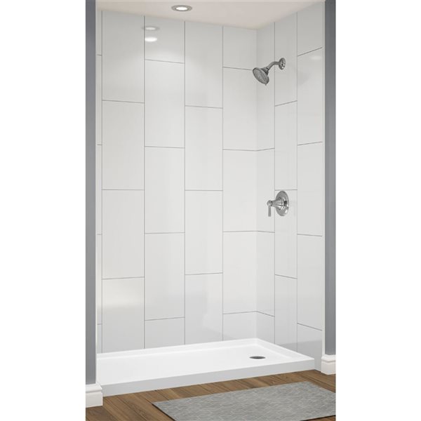 Murs de douche en alcôve Avora Bath en acrylique blanc à carreaux 12x24 verticaux coulis gris 60 l. x 36 p. x 96 po h.