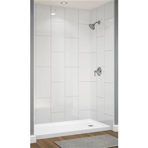 Avora Bath 12x24 Vertical Tile White Acrylic Alcove Shower Walls with Silver Grout Lines 60 W x 36-in D x 96-in H