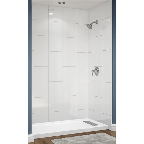 Avora Bath Right Drain 12x24 Vertical White Acrylic Alcove Shower System with Silver Grout Lines 60 W x 36-in D