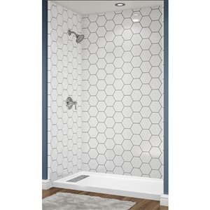 Douche en alcôve Avora Bath fini hexagone en acrylique blanc à coulis argent et caniveau à gauche 60 l. x 30 po p.