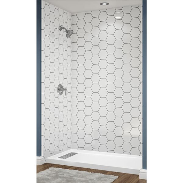 Avora Bath Left Trench Drain Hexagon White Acrylic Alcove Shower System with Silver Grout Lines 60 W x 30-in D