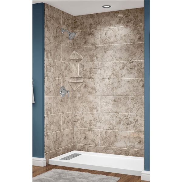 Douche en alcôve acrylique Avora Bath carrelage 11x20 pierre taillée caniveau européen à gauche 60 l. x 36 p. x 96 po h.