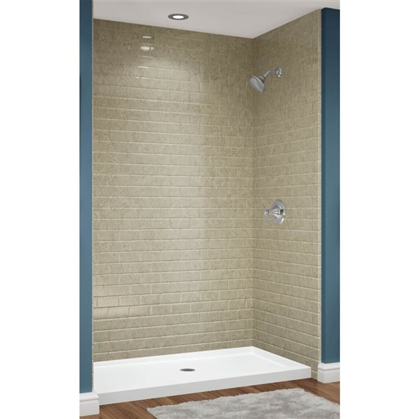 Douche en alcôve acrylique Avora Bath carreaux métro fini grès à drain européen centré 60 l. x 36 p. x 96 po h.