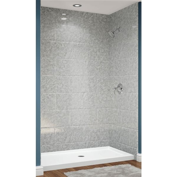 Douche en alcôve acrylique Avora Bath carrelage 11x20 pierre argentée à drain européen centré 60 l. x 32 p. x 96 po h.