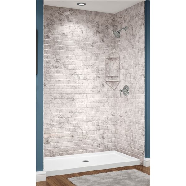 Avora Bath Euro Center Drain Subway Tile Limestone Acrylic Alcove Shower System 60 W x 34-in D x 96-in H