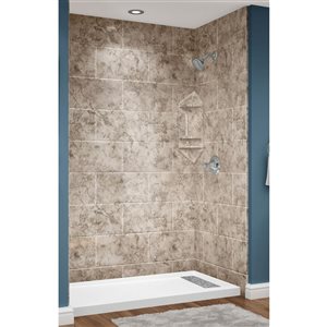 Douche en alcôve Avora Bath carrelage acrylique 11x20 fini pierre caniveau européen à droite 60 l. x 36 p. x 96 po h.