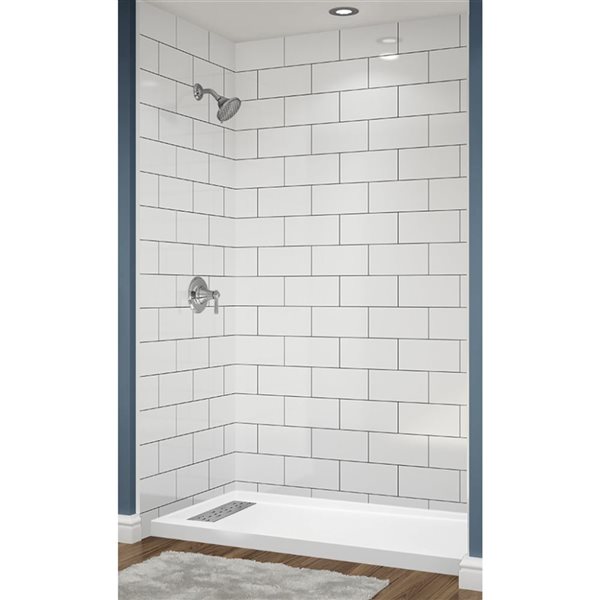 Avora Bath Euro Left Trench Drain 3x6 White Acrylic Alcove Shower System with Black Grout Lines 60 W x 32-in D