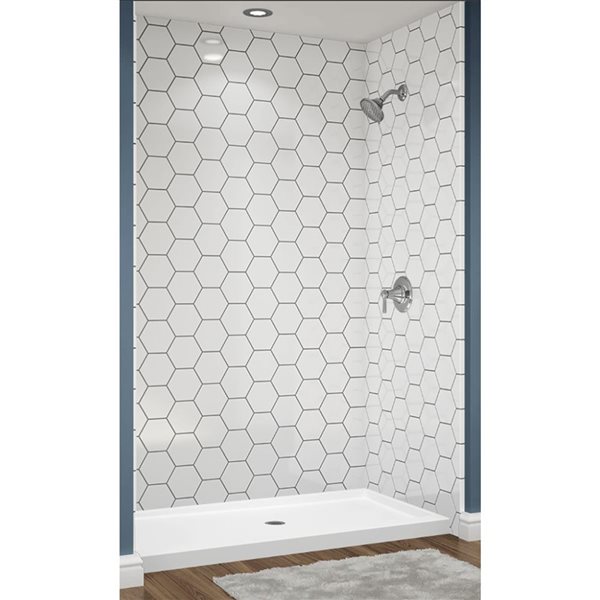 Douche en alcôve Avora Bath carrelage hexagone acrylique blanc à coulis argent et drain centré 60 l. x 36 po p.