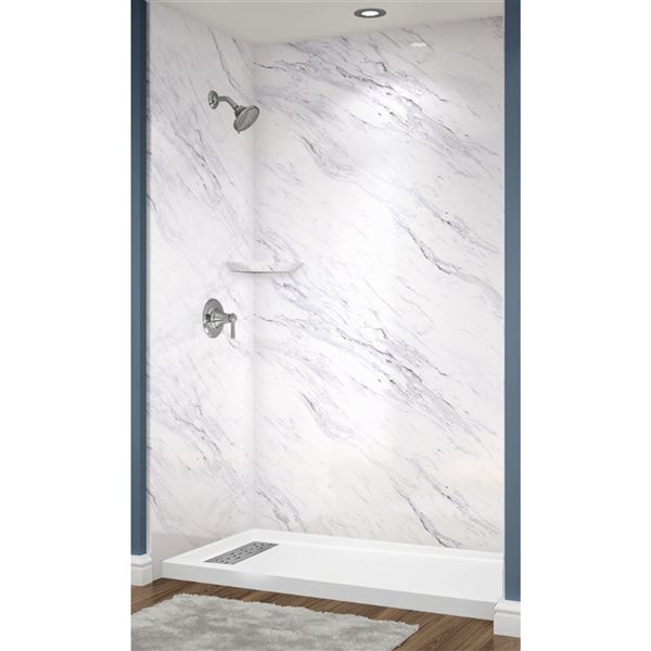 Avora Bath Euro Left Drain Trench Calcutta Marble Acrylic Alcove Shower System 60 W x 32-in D x 96-in H