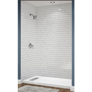 Douche en alcôve Avora Bath carrelage 12x6 acrylique blanc à coulis argent et caniveau européen gauche 60 l. x 30 po p.