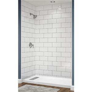 Avora Bath Left Trench Drain 3x6 Tile White Acrylic Alcove Shower System with Black Grout Lines 60 W x 34-in D