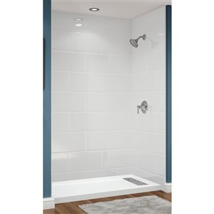 Douche en alcôve acrylique Avora Bath carreaux 11x20 blanc à drain européen centré 60 l. x 36 p. x 96 po h.