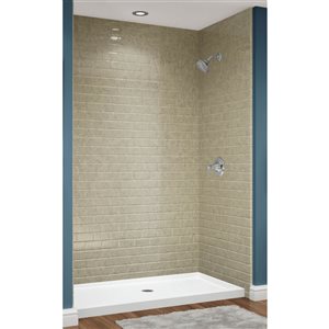 Douche en alcôve acrylique Avora Bath carreaux métro fini grès à drain européen centré 60 l. x 30 p. x 96 po h.