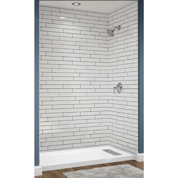 Douche en alcôve Avora Bath carrelage 12x6 acrylique blanc à coulis noir et caniveau à droite 60 l. x 36 po p.