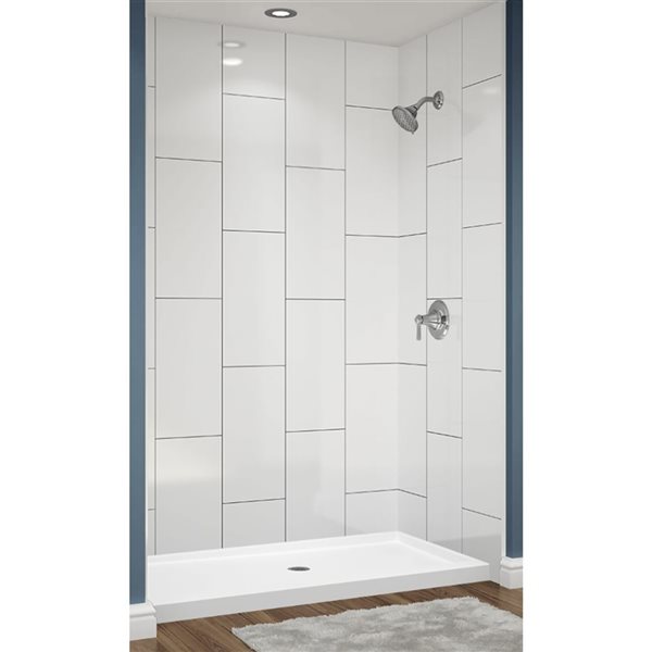 Douche en alcôve Avora Bath carrelage vertical 12x24 acrylique blanc à coulis noir et drain centré 60 l. x 34 po p.