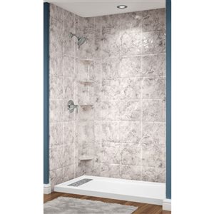 Avora Bath Euro Left Trench Drain 12x12 Tile Limestone Acrylic Alcove Shower System 60 W x 32-in D x 96-in H