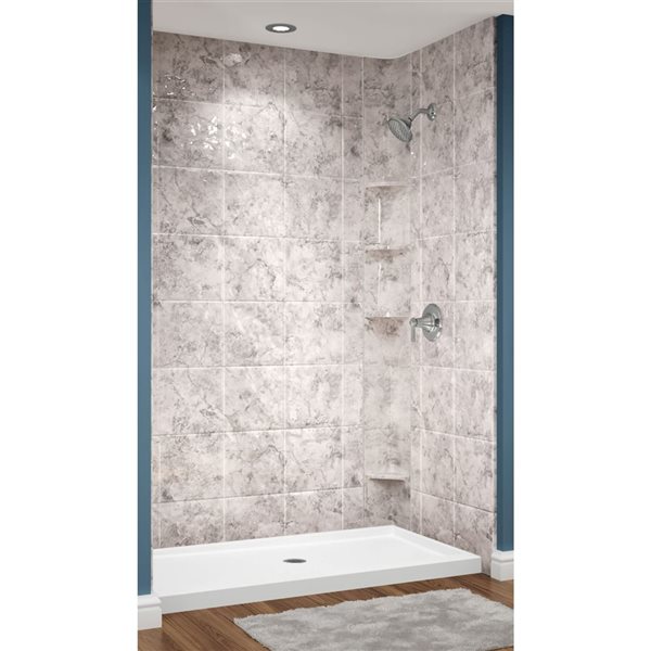 Avora Bath Euro Center Drain 12x12 Tile Limestone Acrylic Alcove Shower System 60 W x 34-in D x 96-in H