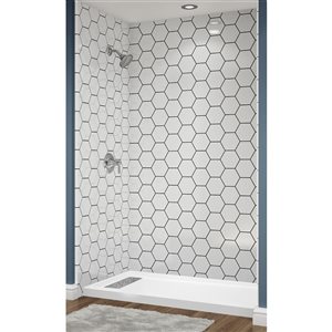 Douche en alcôve Avora Bath fini hexagone en acrylique blanc à coulis noir et caniveau à gauche 60 l. x 32 po p.