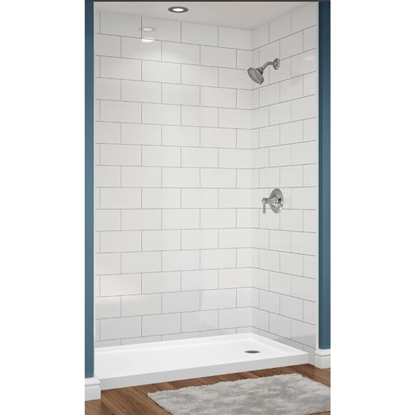 Avora Bath 12x6 Tile White Acrylic Alcove Shower Walls with Silver Grout Lines 60 W x 36-in D x 96-in H