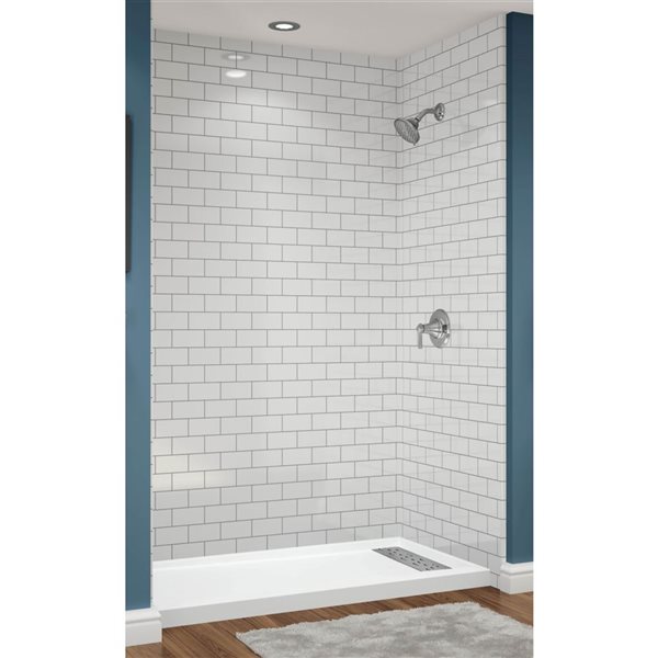 Douche en alcôve Avora Bath carrelage 3x6 acrylique blanc à coulis argent et caniveau européen à droite 60 l. x 30 po p.