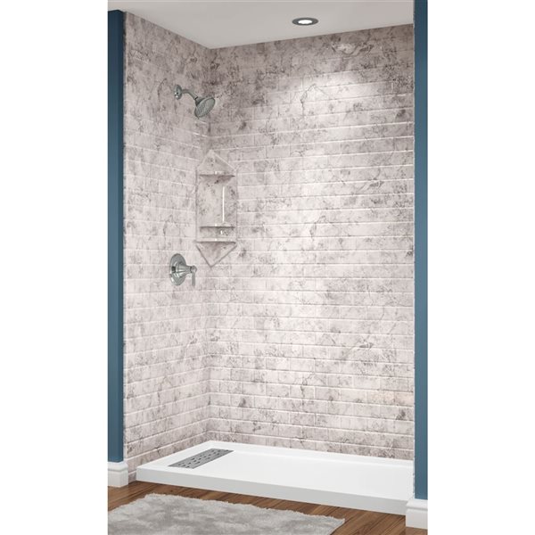 Douche en alcôve acrylique Avora Bath carreaux métro calcaire caniveau européen à gauche 60 l. x 36 p. x 96 po h.