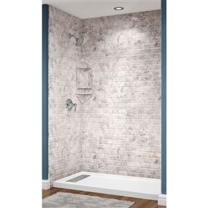 Douche en alcôve acrylique Avora Bath carreaux métro calcaire caniveau européen à gauche 60 l. x 36 p. x 96 po h.