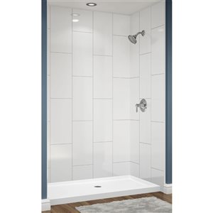 Avora Bath Center Drain 12x24 Vertical White Acrylic Alcove Shower System with Silver Grout Lines 60 W x 30-in D