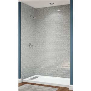 Douche en alcôve acrylique Avora Bath carreaux métro pierre argentée à caniveau européen à gauche 60 l. x 30 p.