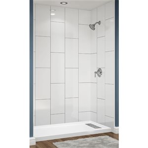 Avora Bath Right Drain 12x24 Vertical White Acrylic Alcove Shower System with Black Grout Lines 60 W x 34-in D