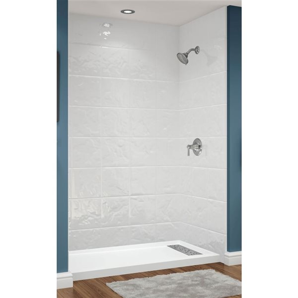 Douche en alcôve Avora Bath acrylique blanc à carreaux 12x12 caniveau européen à droite 60 l. x 36 p. x 96 po h.