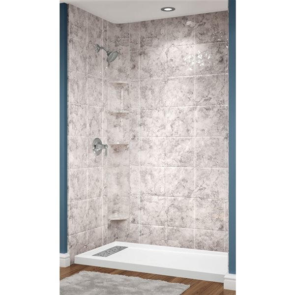 Douche en alcôve Avora Bath carrelage 3x6 acrylique blanc à coulis argent et caniveau à gauche 60 l. x 30 po p.