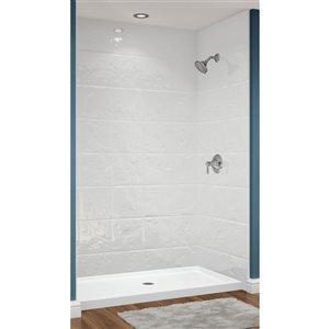 Douche en alcôve Avora Bath carrelage 12x12 acrylique blanc à drain européen centré 60 l. x 32 p. x 96 po h.