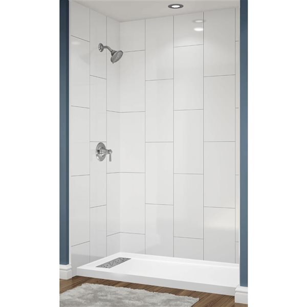 Avora Bath Left Drain 12x24 Vertical White Acrylic Alcove Shower System with Silver Grout Lines 60 W x 32-in D