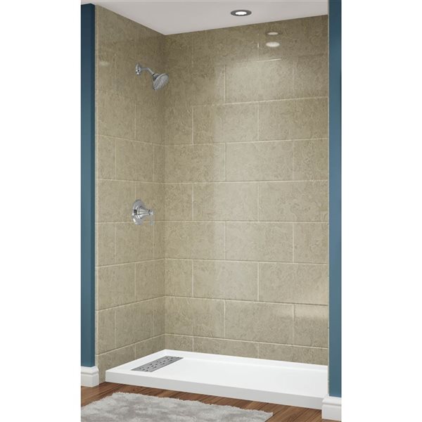 Avora Bath Euro Left Trench Drain 11x20 Tile Sandstone Acrylic Alcove Shower System 60 W x 32-in D x 96-in H