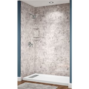 Avora Bath Euro Left Trench Drain 11x20 Tile Limestone Acrylic Alcove Shower System 60 W x 36-in D x 96-in H