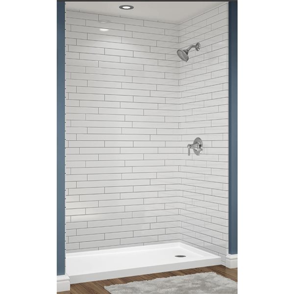 Avora Bath 3x6 Tile White Shower System with Moulded Seat with Black Grout Lines 60 W x 36-in D x 96-in H