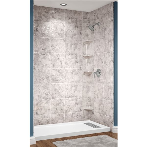 Avora Bath Euro Right Trench Drain 12x12 Tile Limestone Acrylic Alcove Shower System 60 W x 32-in D x 96-in H