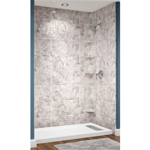 Avora Bath Euro Right Trench Drain 12x12 Tile Limestone Acrylic Alcove Shower System 60 W x 32-in D x 96-in H