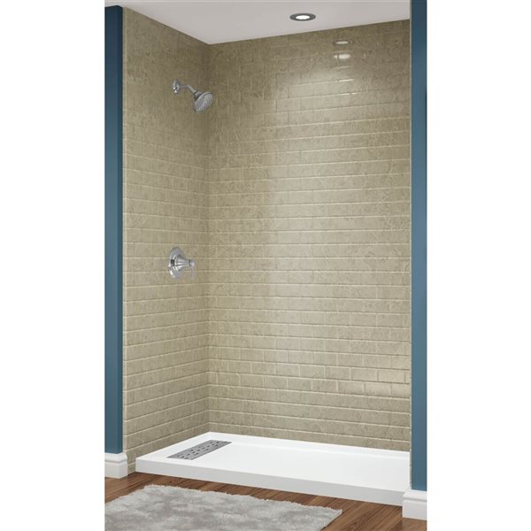 Avora Bath Euro Left Trench Drain Subway Tile Sandstone Acrylic Alcove Shower System 60 W x 30-in D x 96-in H