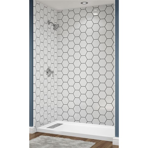 Douche en alcôve Avora Bath carreaux hexagone acrylique blanc à coulis noir et drain à gauche 60 l. x 36 po p.