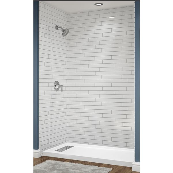 Avora Bath Left Trench Drain 12x6 Tile White Acrylic Alcove Shower System with Silver Grout Lines 60 W x 36-in D